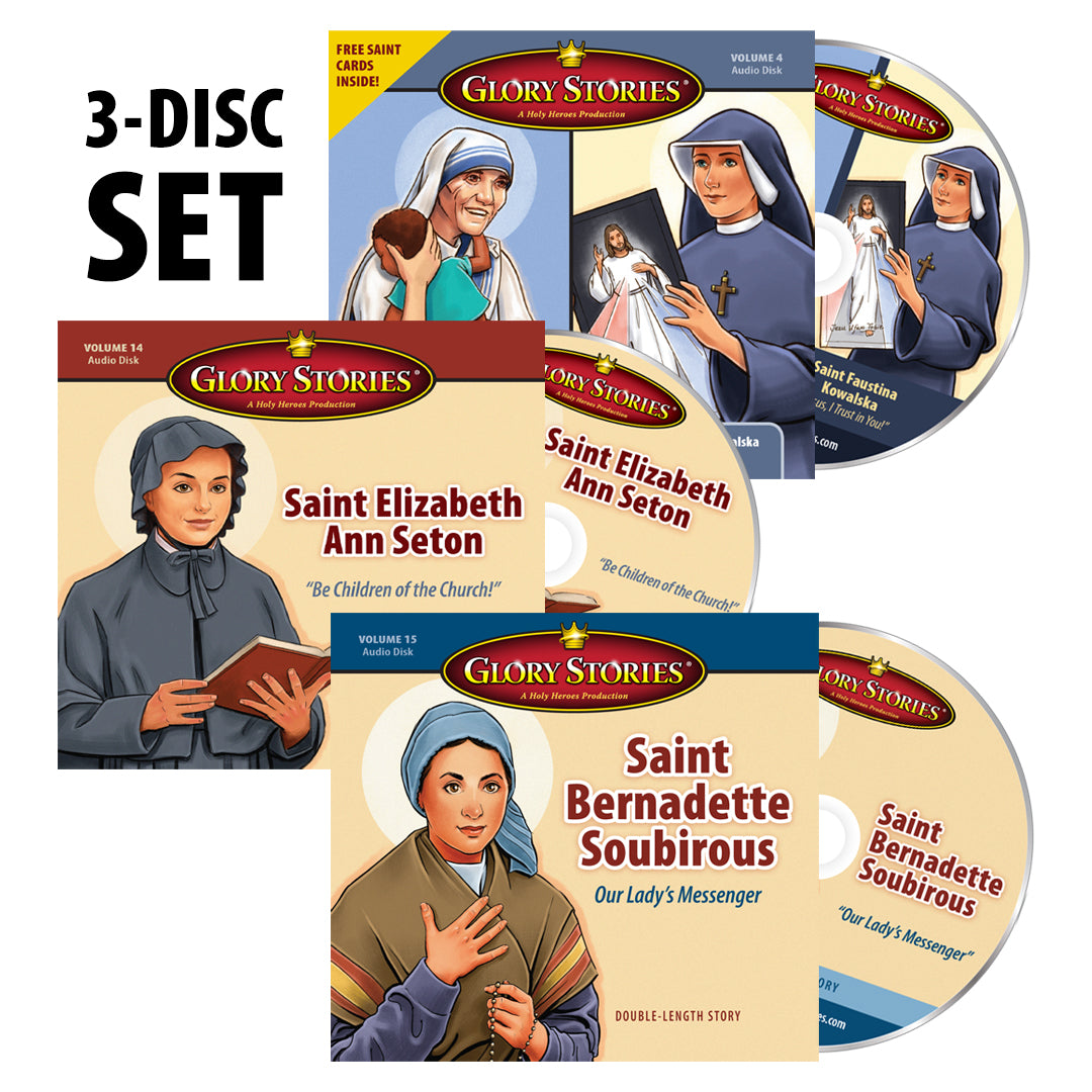 A 3-disc CD set titled 'Glory Stories' featuring illustrations of female saints on the covers, including Saint Faustina, Mother Teresa, and Saint Elizabeth Ann Seton.