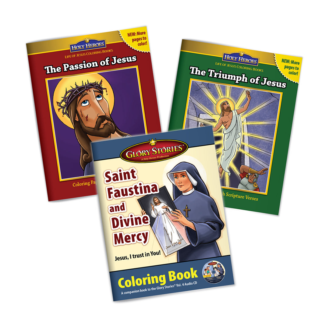 3 Coloring Book Set: Palm Sunday, Easter, & Divine Mercy Sunday - Holy Heroes