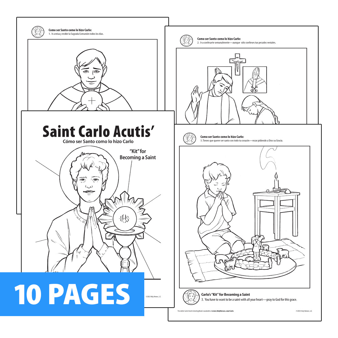 Set of coloring pages featuring Saint Carlo Acutis with educational text.