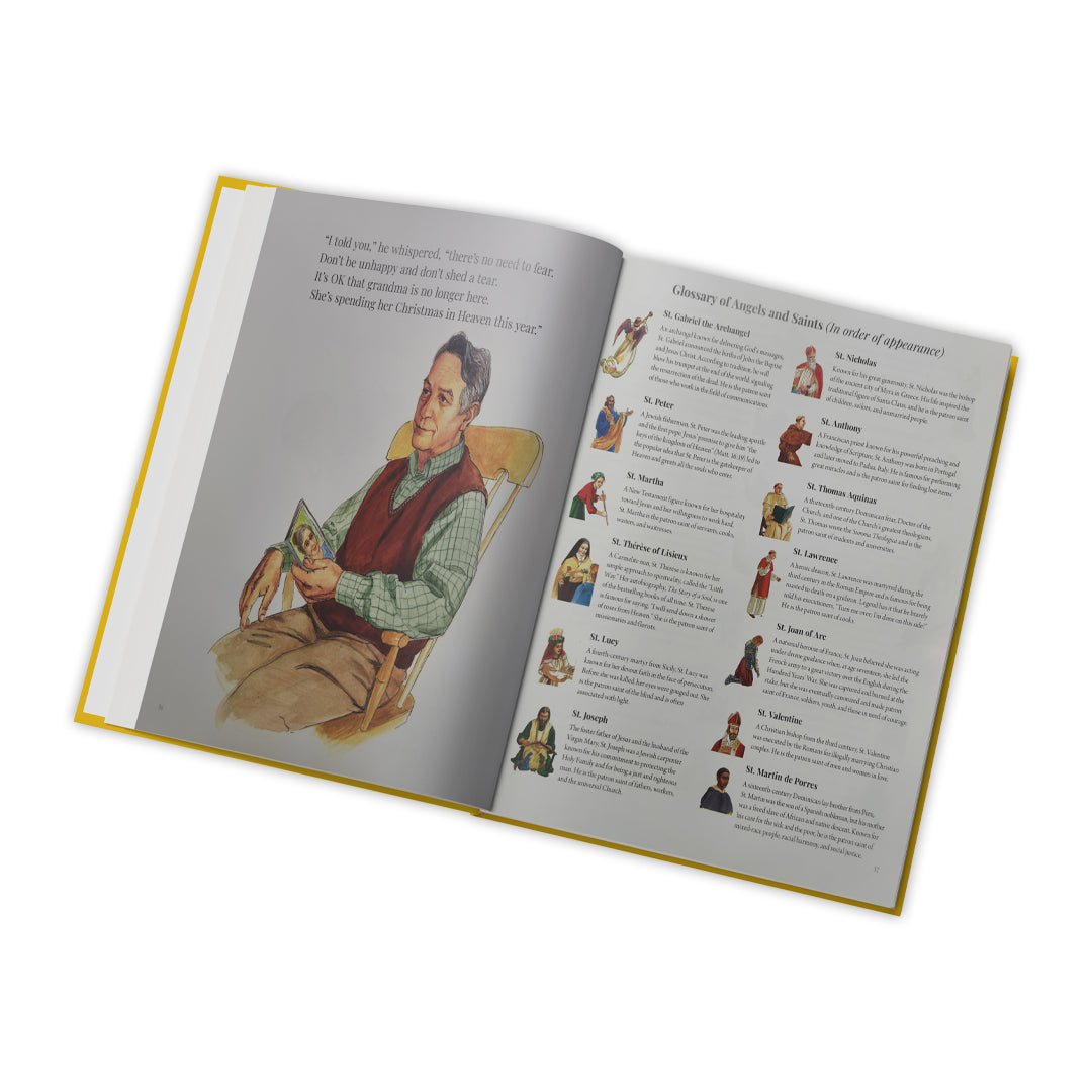 Open book with illustrations and text on a white background