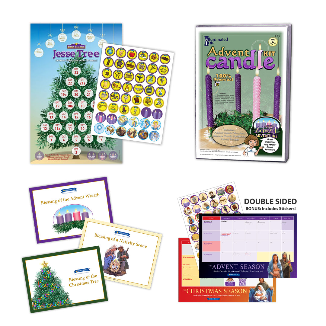Collection of Advent-themed products including a Jesse Tree poster, candle kit, and cards on a white background.