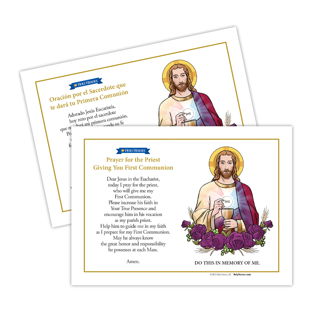 Prayer for the Priest Giving You First Communion bi-lingual Prayer Card (5-pack) - Holy Heroes