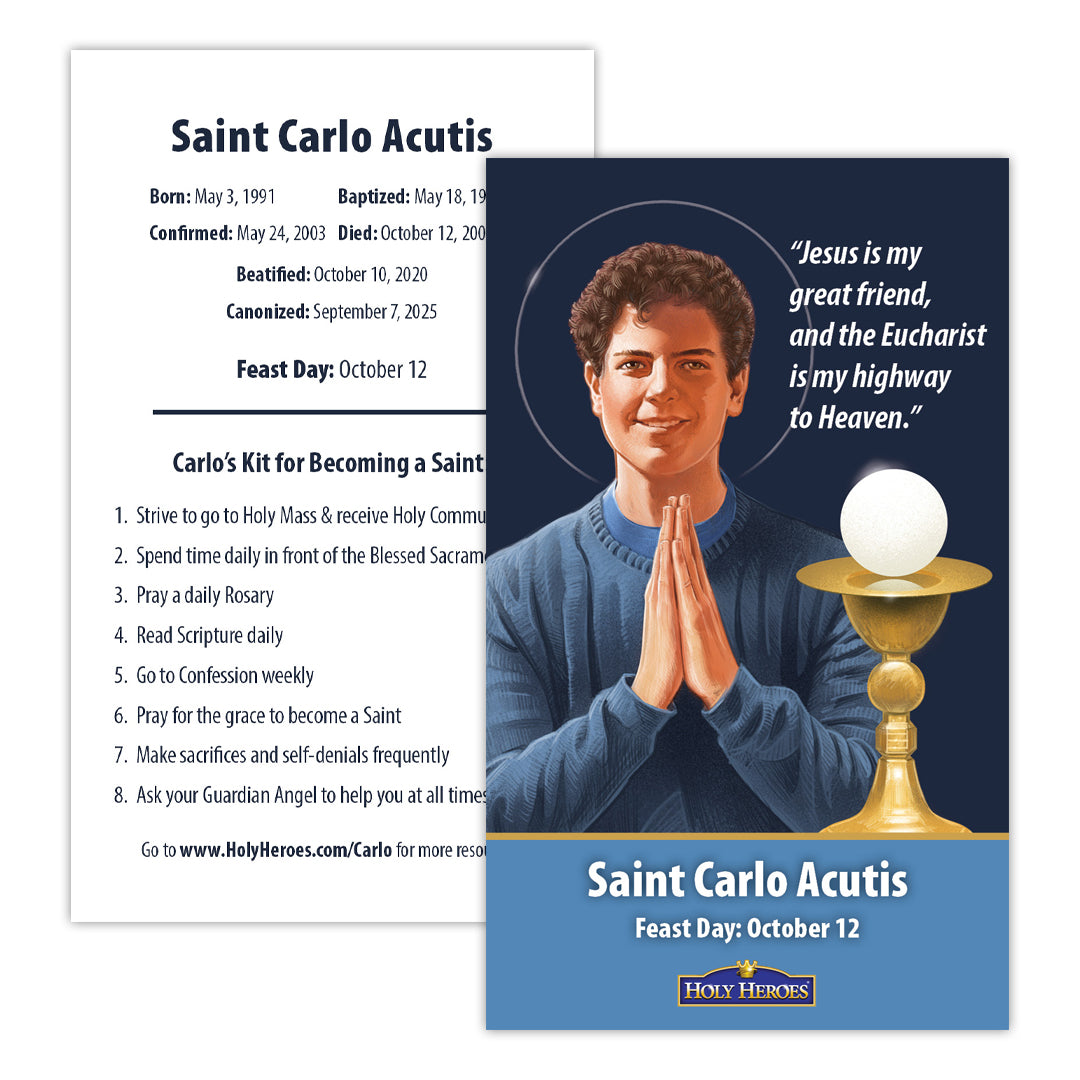 Brochure or poster featuring Saint Carlo Acutis with his image, biography, and a quote.
