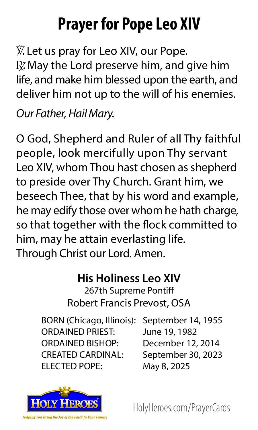 Pope Leo XIV prayer card (5-pack)