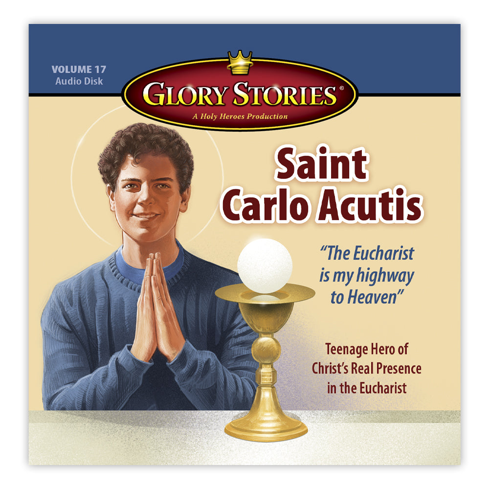 Cover of 'Glory Stories' audio disk featuring Saint Carlo Acutis with a chalice and text.