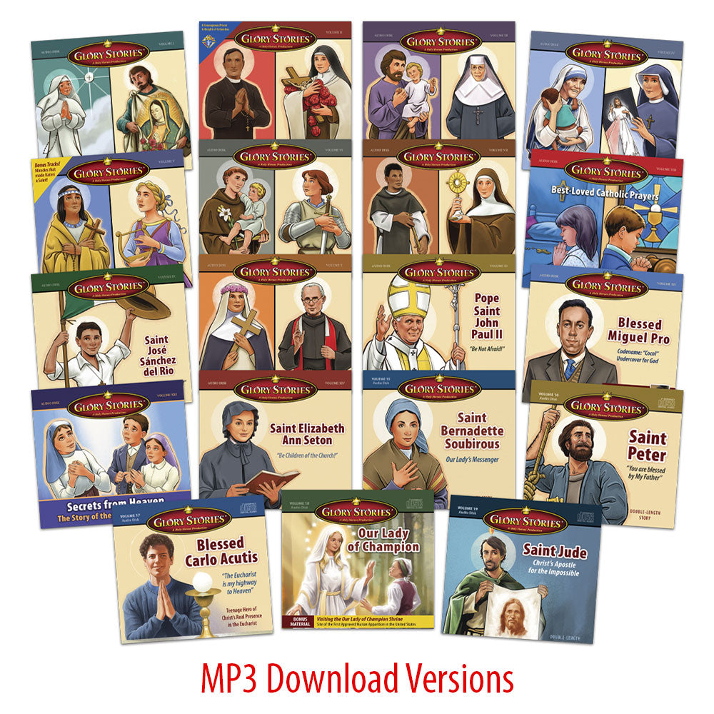 Collection of MP3 download versions of Glory Stories audiobooks on various saints displayed in a grid arrangement.
