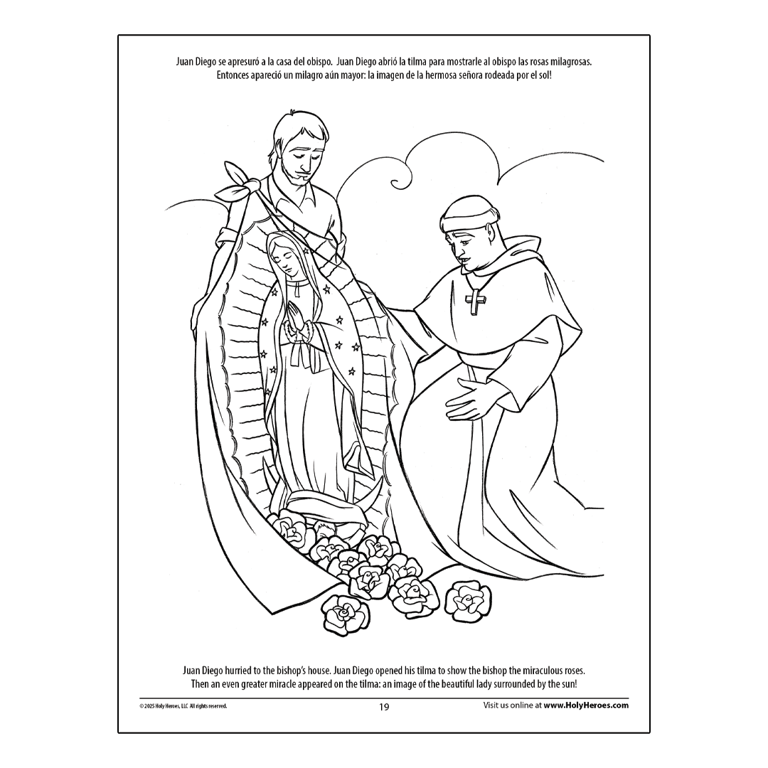 Black and white illustration of a religious scene with two figures and an image of the Virgin Mary, on a white background.