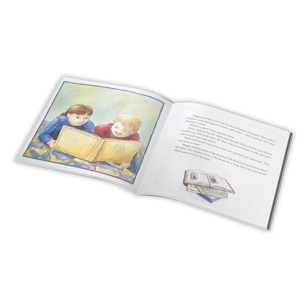 Open book showing illustration of two children reading a book