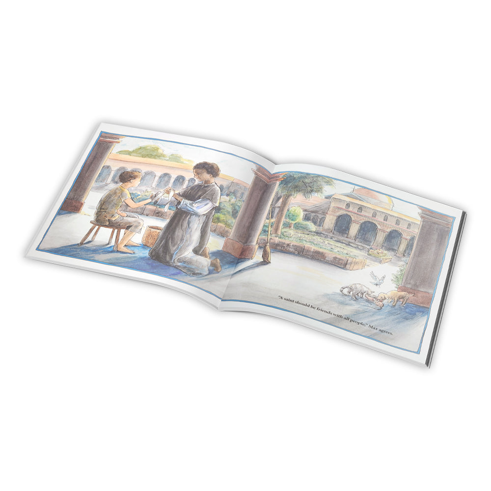 Illustrated book open to a page showing two people in an outdoor setting with classical architecture.