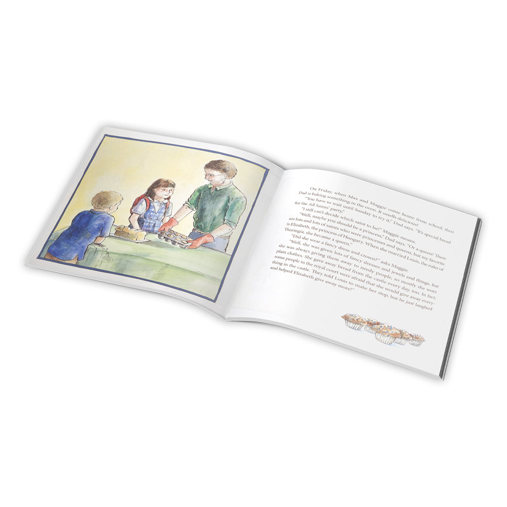 Open book with a illustration of three children and text on a white background