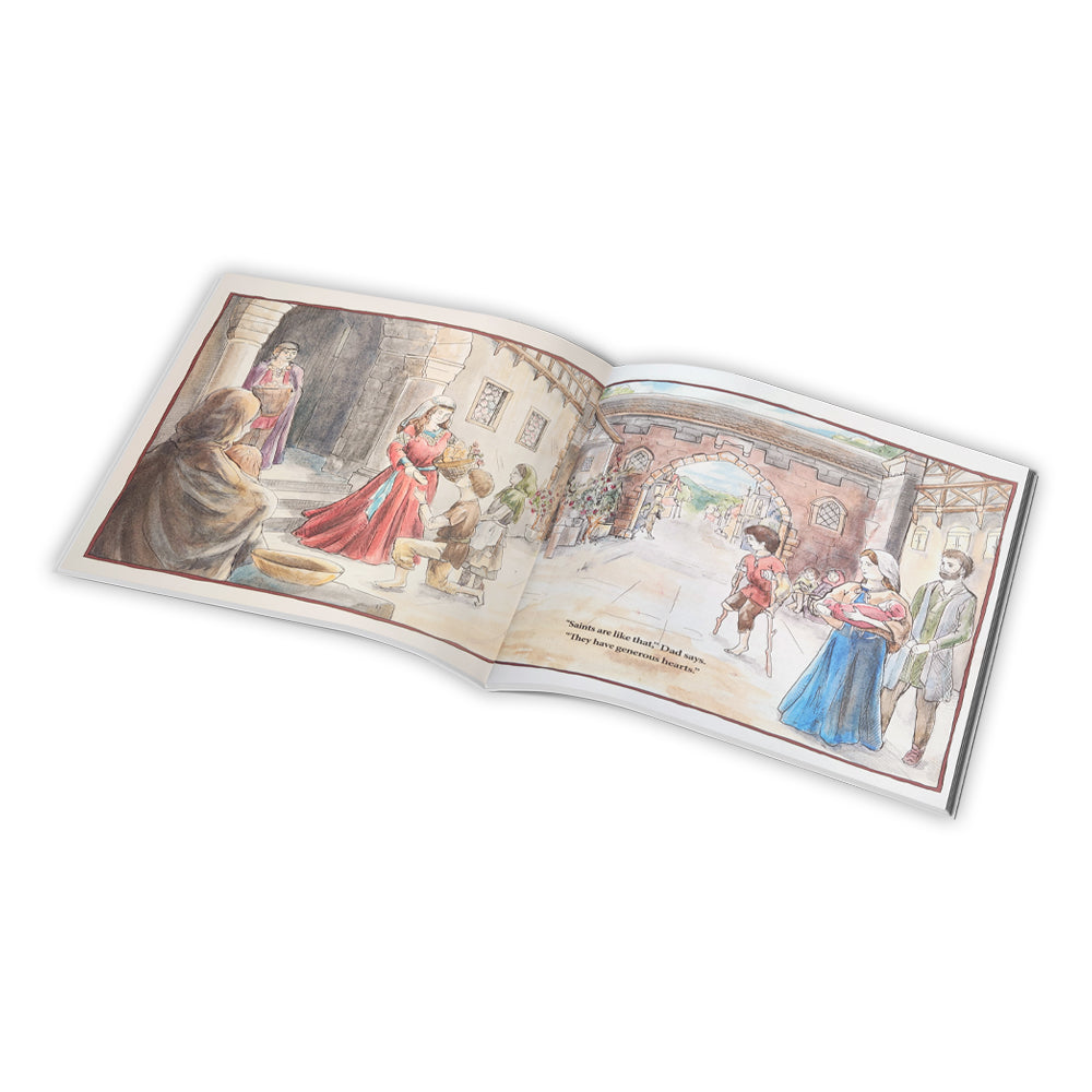 Open book with illustrated pages on a white background