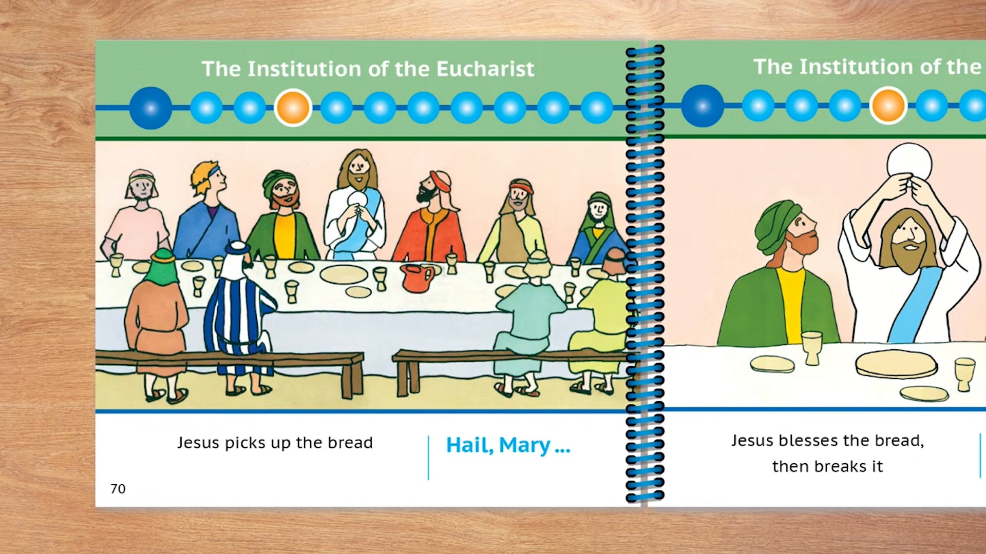 Illustrated book open to a page about the Institution of the Eucharist on a wooden surface.