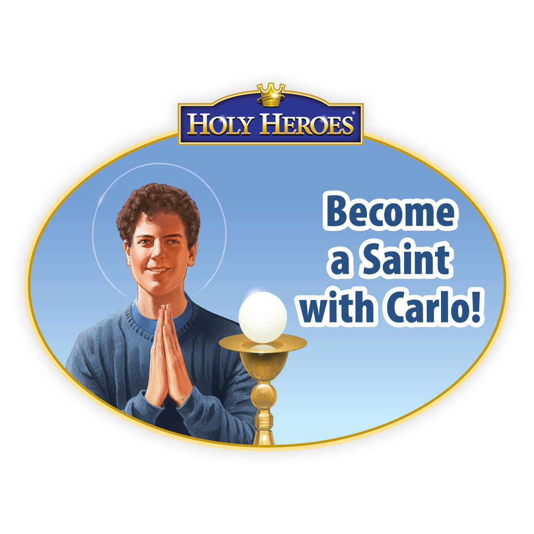 Advertisement for 'Holy Heroes' featuring a character with a blue sweater and a crown, with text 'Become a Saint with Carlo!'.