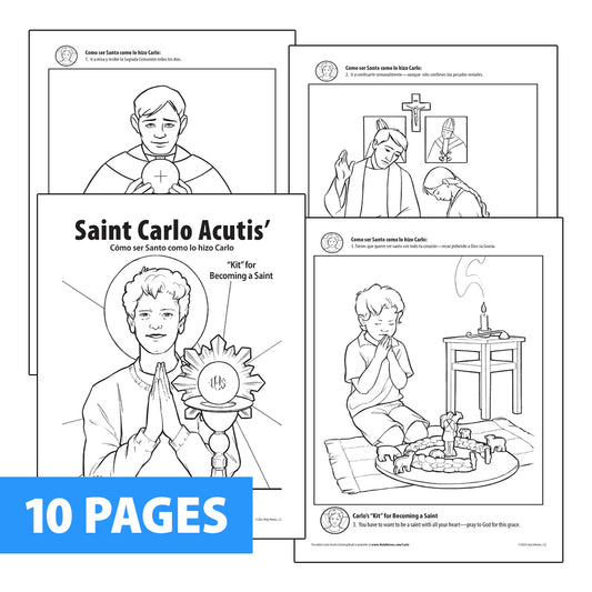 Set of coloring pages featuring Saint Carlo Acutis with educational text.