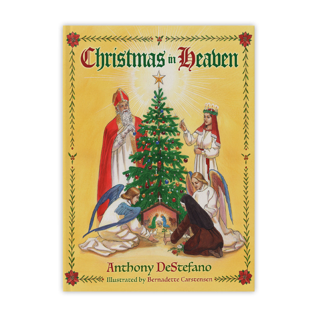 Book cover of 'Christmas in Heaven' with illustrated characters around a Christmas tree.