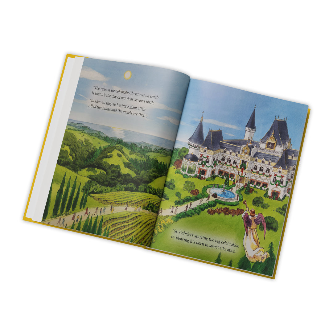 Open book with illustrations of a castle and landscape on a white background