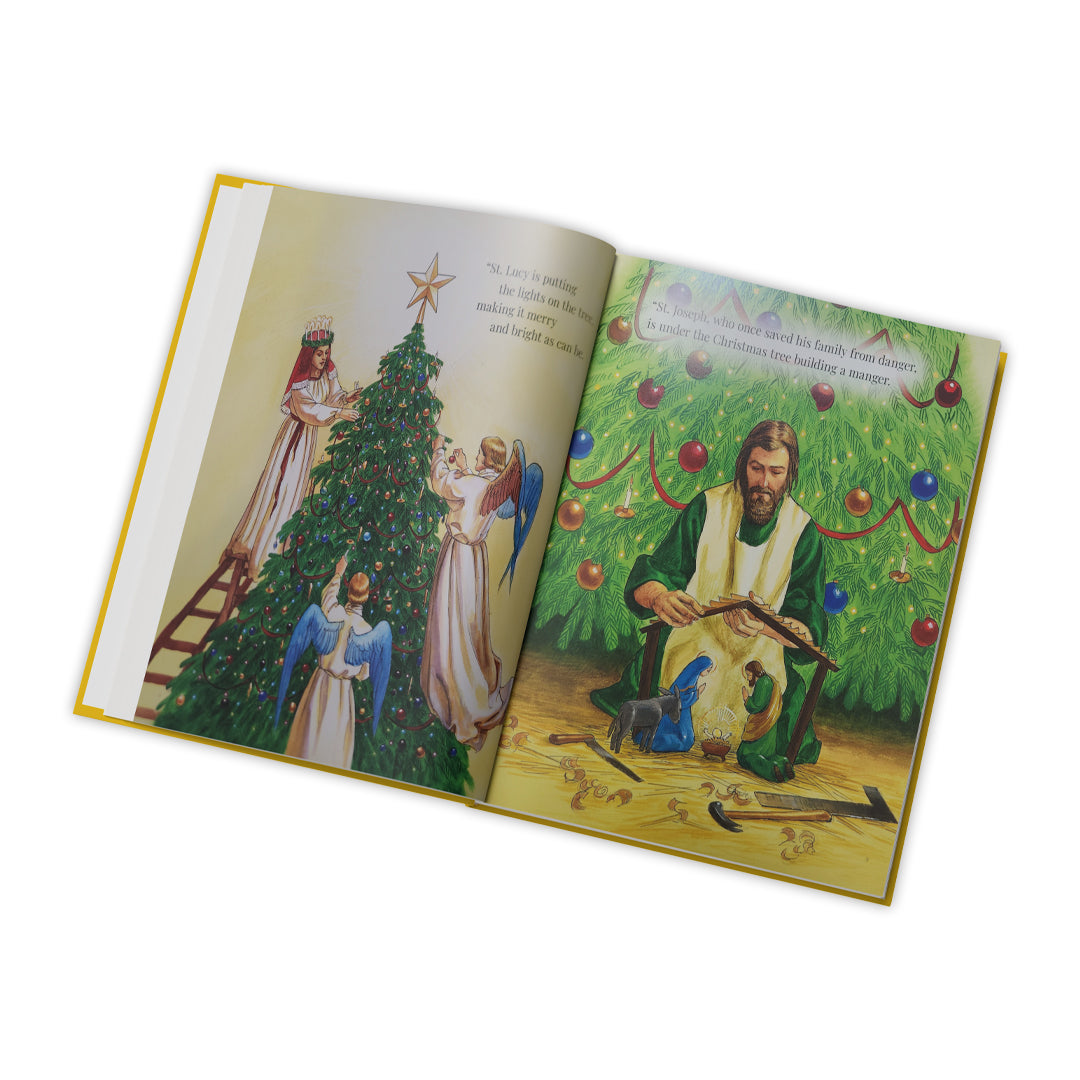 Open book with Christmas-themed illustrations on a white background