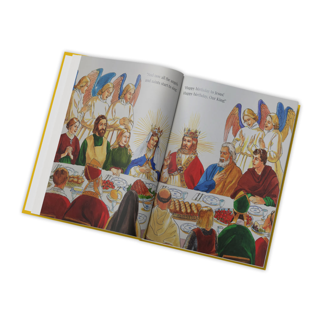 Open book with illustrated pages of a feast scene with people and angels.