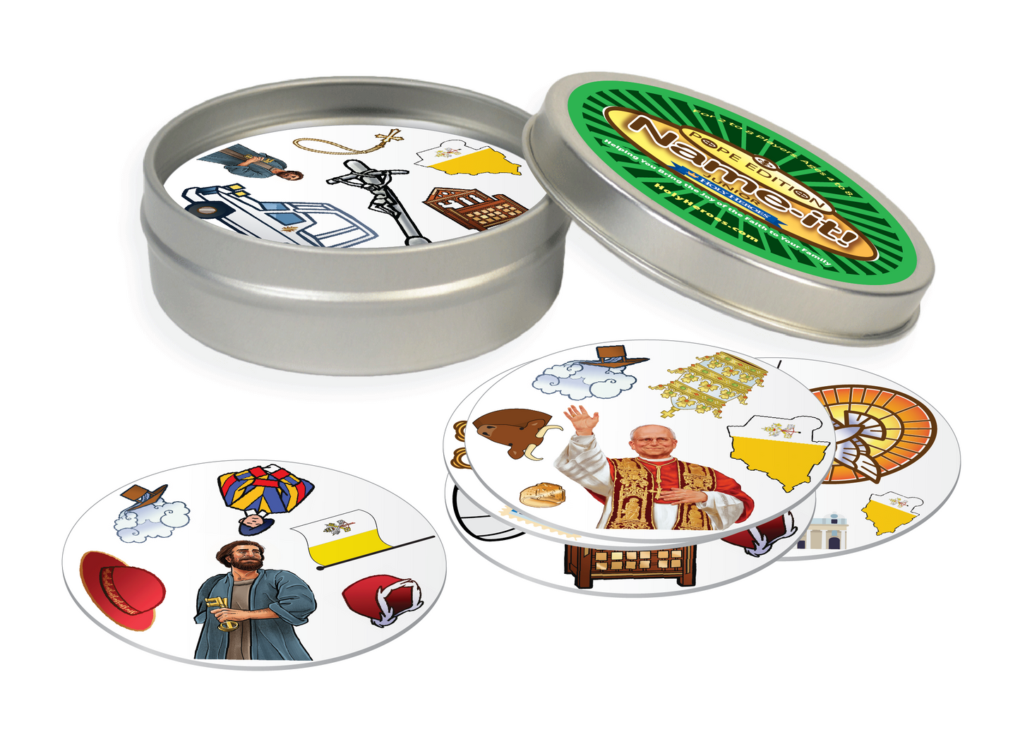 Card game with character cards and a metal tin labeled 'Name It' on a white background