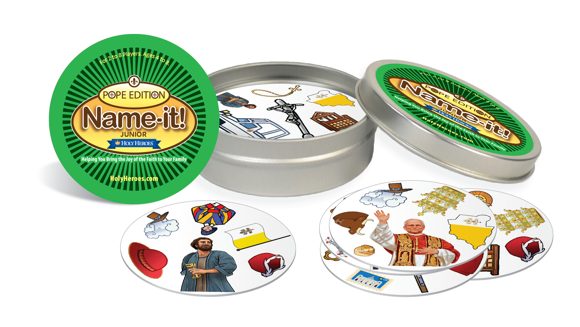 Name-it! game set with cards and a tin on a white background