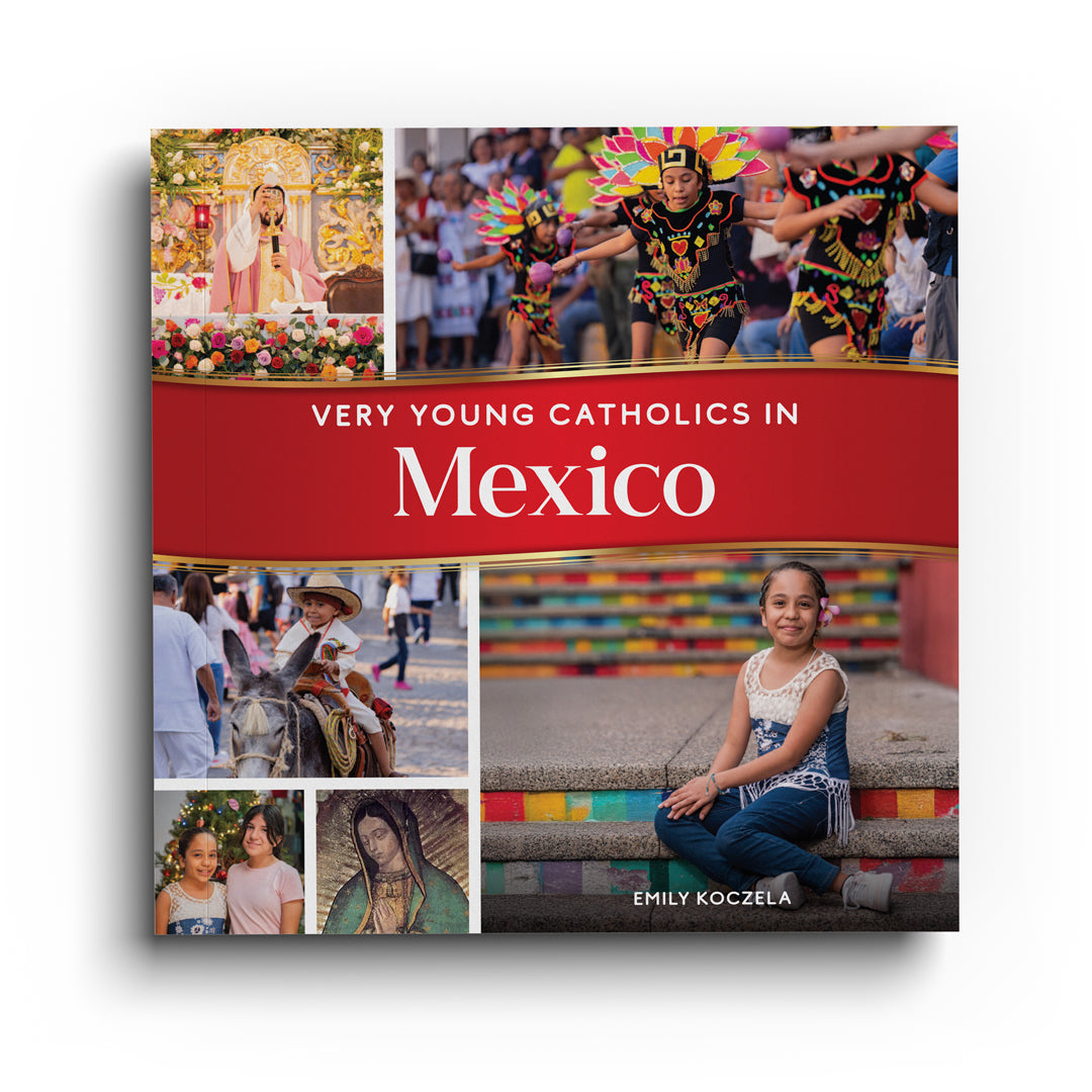 Book cover titled 'Very Young Catholics in Mexico' by Emily Koczela with collage of images on a red background.
