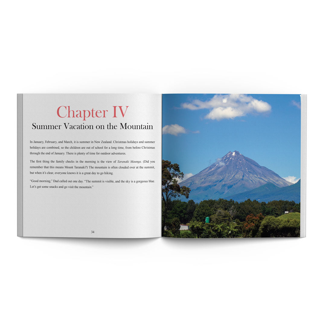 Open book with a photograph of a mountain on the right page