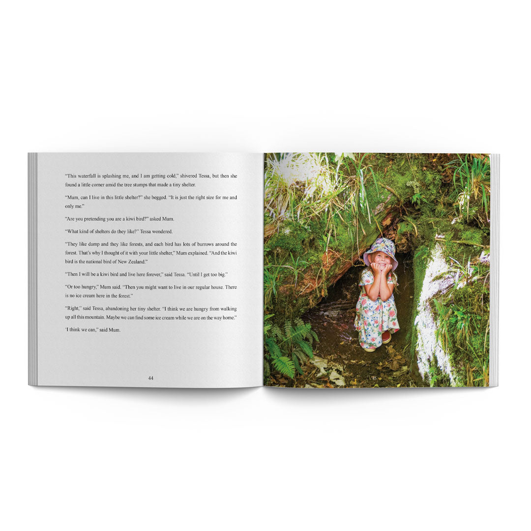 Open book showing a photograph of a child in a natural setting with text on the left page.