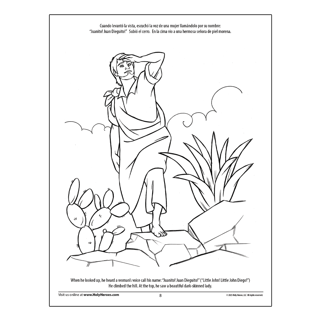 Coloring page with a woman in a dress standing on a rock, surrounded by cacti and plants.