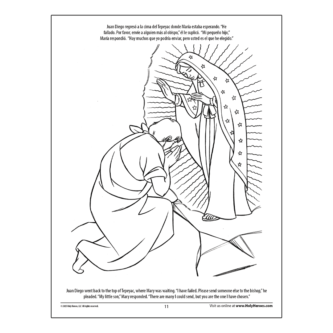 Coloring page with a black and white illustration of a kneeling figure and an angelic figure, with text at the top and bottom.