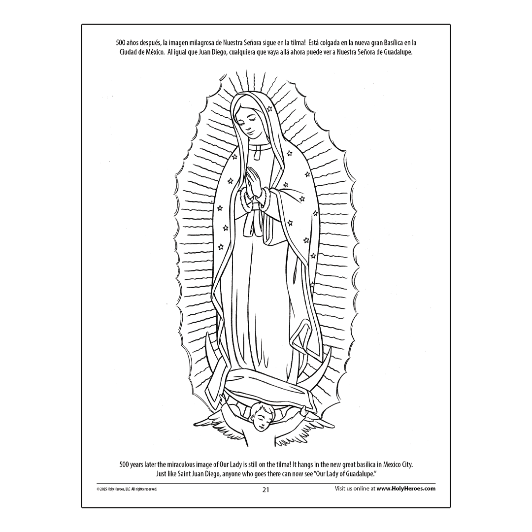 Black and white illustration of Our Lady of Guadalupe with text on a white background