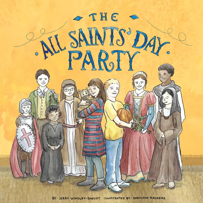 Illustrated cover of 'The All Saints' Day Party' with children in historical costumes against a yellow background.